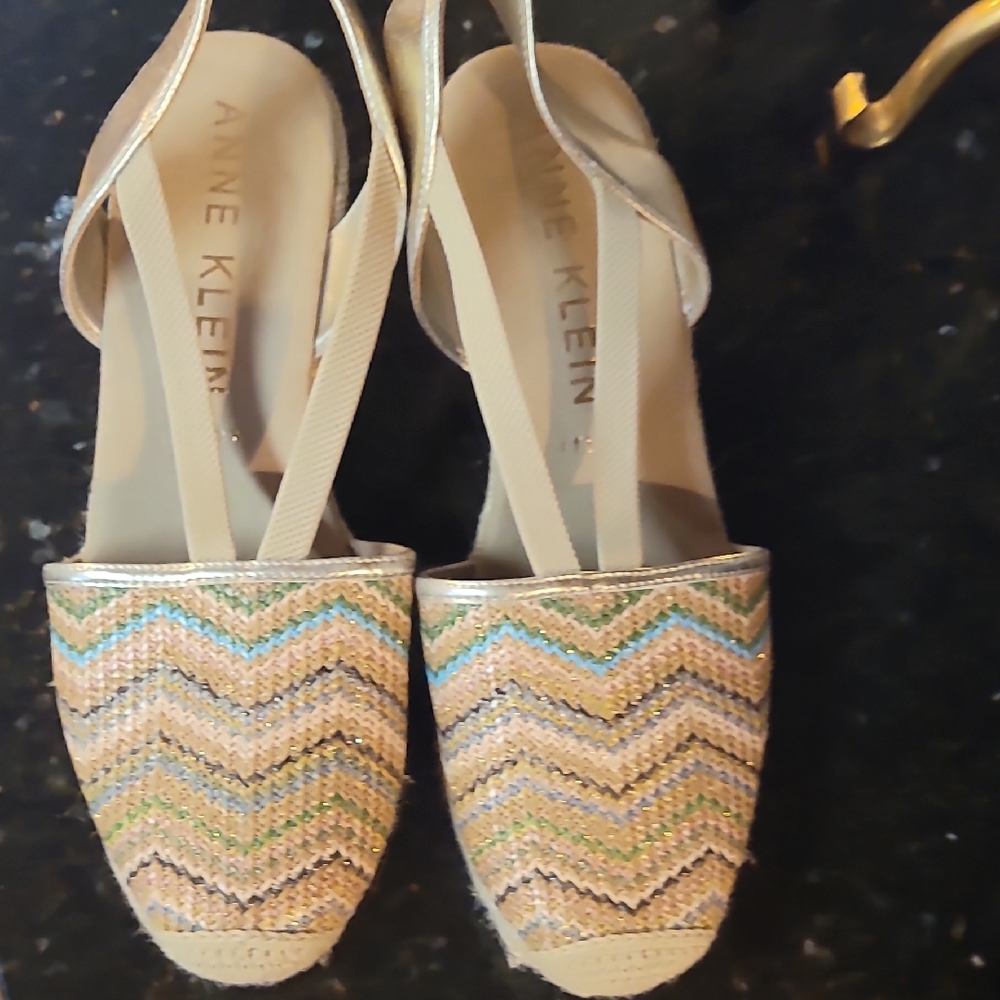 Anne Klein Cream and Green Espadrilles with Chevron Pattern